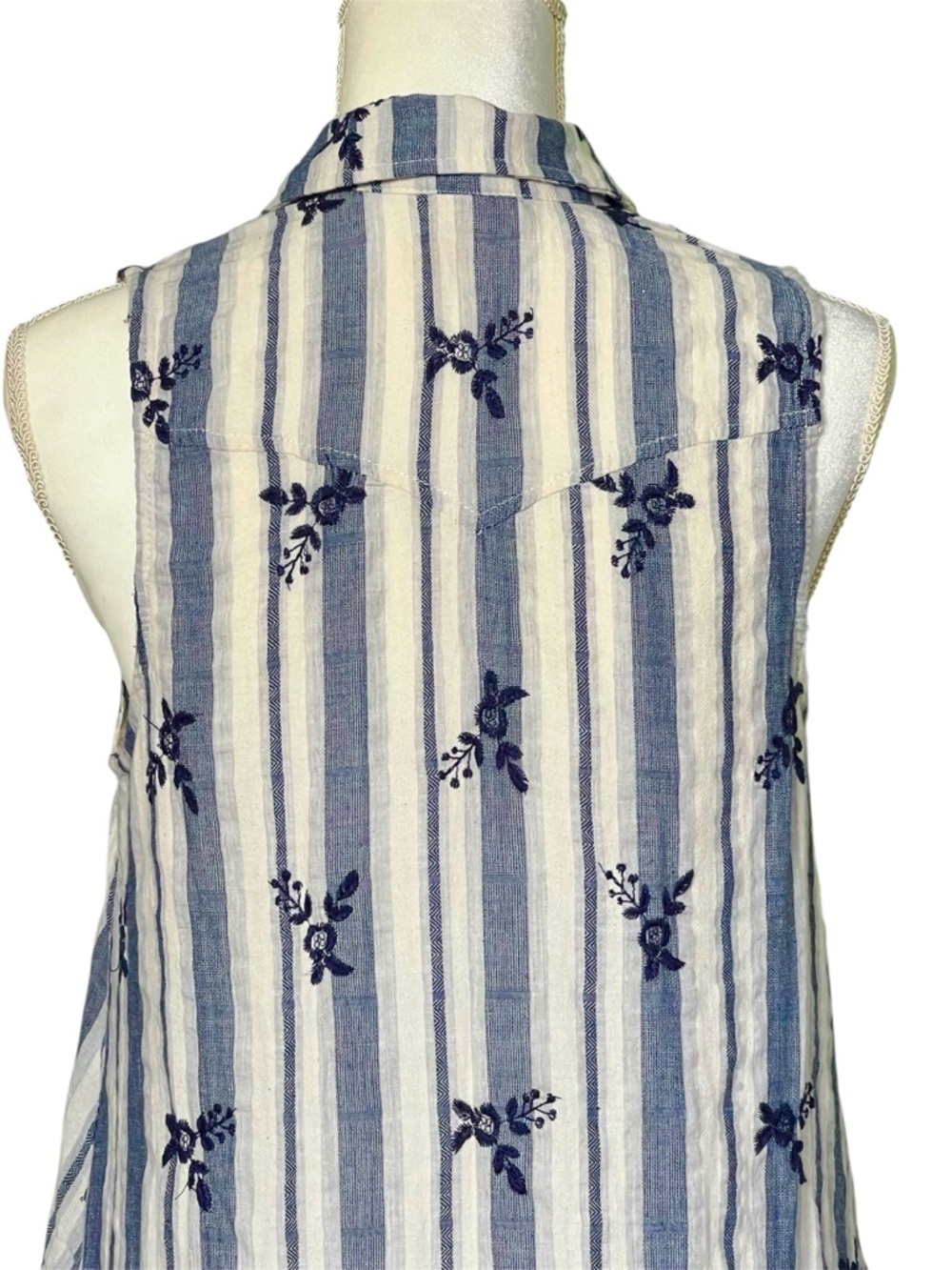 Boho Chic Embroidered Cotton Striped Appliqué Midi Dress Blue and Ivory Size S - Picture 8 of 12